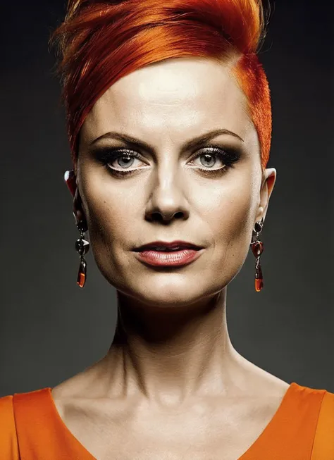 portrait of sks woman by Flora Borsi, style by Flora Borsi, bold, bright colours, orange Mohawk haircut, ((Flora Borsi)), <lora:locon_amypohler_v1_from_v1_64_32:1.25>