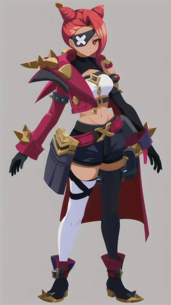 <lora:SamiraSFLoRA:0.8>,  1girl, long hair, hair bun, ponytail, tanned, eyepatch, jacket, elbow gloves, top with armor, multicolored hair, shorts, belt, single thighhigh, armlet with spikes, asymmetrical legwear, garter with spikes, boots, holster, pirate sash,