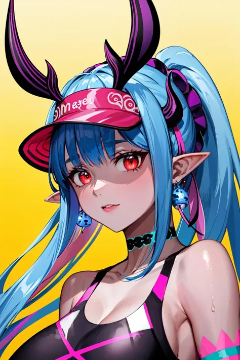 masterpiece, best quality, highres, 1girl, solo, long hair, multicolored hair, blue hair, pink hair, ponytail, sidelocks, bangs, horns, visor cap, pointy ears, earrings, red eyes, colored skin, grey skin, body markings, large breasts, choker, clothing cutout, one-piece swimsuit, wristband, <lora:ibuki_douji_(fate)_v1:0.7>
