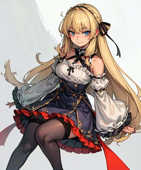 <lora:KelvinHiu-style_59894:1>, ultra detailed, masterpiece, best quality, aesthetic, detailed,, solo, soft smile, light smile,
1girl, blue eyes, very long hair, blonde hair, long blonde hair, french braid, bangs, medium breasts,, hair ribbon, frilled choker, criss-cross halter, sleeveless dress, high-waist skirt, backless dress, waist bow, detached sleeves, frilled sleeves, wide sleeves, pantyhose, patterned legwear, mary janes,