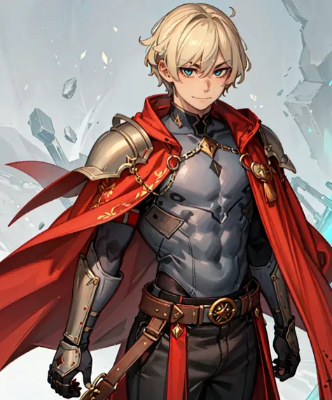 <lora:KelvinHiu-style_59894:1> red theme, phoenix,, ultra detailed, masterpiece, best quality, aesthetic, detailed,, solo, smile, 1boy, blue eyes, medium blonde hair, parted bangs, hair intakes, male focus, muscular male,, armor, pauldrons, cuirass, gauntlets, waist cape, greaves, black bodysuit, surcoat, shoulder sash, wing shoulder armor, cape, pants,