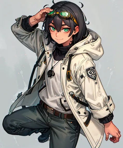 <lora:KelvinHiu-style_59894:1>, ultra detailed, masterpiece, best quality, aesthetic, detailed,, ultra detailed, masterpiece, best quality, solo, smile, 1boy, green eyes, short hair, black hair, bangs, hair between eyes, messy hair, (goggles on head:1.2),, headband, white coat, hooded coat, hood down, open coat, turtleneck, capri pants, pants, black knee boots,