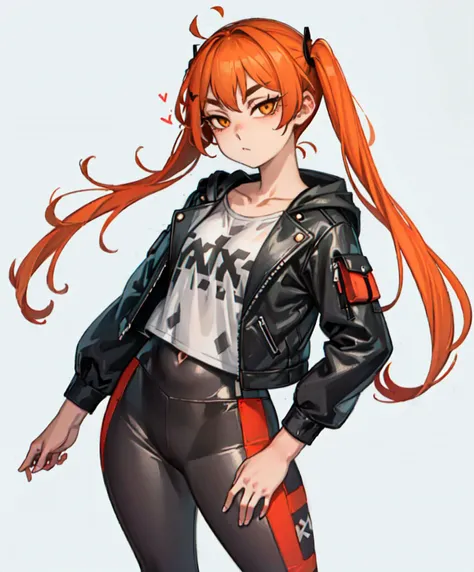 <lora:KelvinHiu-style_59894:1>, ultra detailed, masterpiece, best quality, aesthetic, detailed,, solo, 1girl, red hair, (orange eyes:0.5), (amber eyes:1.3), swept bangs, parted bangs, medium hair, small breasts, <lora:Tsurime3:1>, (tsurime:1.2), (low twintails:1.35),, leggings, leather jacket, long shirt, combat boots, hoodie,
