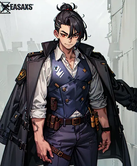 <lora:KelvinHiu-style_59894:1> white and blue theme,, ultra detailed, masterpiece, best quality, aesthetic, detailed,, solo, smug smile, 1boy, red eyes, <lora:Tsurime3:0.7>, (tsurime:1.2), black hair, undercut, top knot, parted bangs, long bangs, bangs, short hair, hair intakes, tall,, <lora:StS-Coat-and-Jacket-On-Shoulders-Iteration2:0.7> dataset, jacket on shoulders, (coat on shoulders:1.3), black coat, dress shirt, sleeves rolled up, fingerless gloves, holster, pants, belt, multiple belts, combat boots, bulletproof vest, tactical clothes,