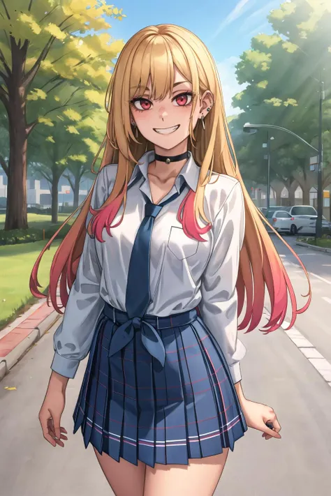 masterpiece, best quality, highres, kitagawa marin, 1girl, blonde hair, long hair, multicolored hair, red eyes, jewelry, earrings, piercing, school uniform, white shirt, tied shirt, black choker, blue necktie, plaid skirt, <lora:kitagawa_marin_v1-1:0.7>, grin, smile, standing, cowboy shot, outdoors, <lora:KelvinHiu-style_59894:1>