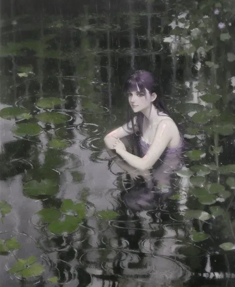 depth of field, 1girl, long dress, dark purple hair, no bangs,  <lora:Raincore:0.7> , raincore, rain, water, reflection, vibrant, ripples,, (art by Jean Marc Nattier:0.8), masterpiece, best quality, oil painting style, classical, clear light perception, (John Singer Sargent)