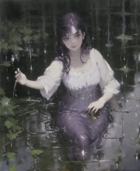 depth of field, 1girl, long dress, dark purple hair, sparklecore makeup, no bangs,  <lora:Raincore:0.7> , raincore, rain, water, reflection,, (art by Jean Marc Nattier:0.8), masterpiece, best quality, oil painting style, classical, clear light perception, (John Singer Sargent)