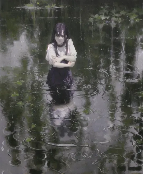 depth of field, 1girl, long dress, dark purple hair, no bangs,  <lora:Raincore:0.7> , raincore, rain, water, reflection, vibrant, ripples,, (art by Jean Marc Nattier:0.8), masterpiece, best quality, oil painting style, classical, clear light perception, (John Singer Sargent)