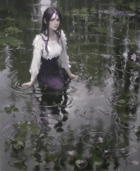 depth of field, 1girl, long dress, dark purple hair, no bangs,  <lora:Raincore:0.7> , raincore, rain, water, reflection, vibrant, ripples,, (art by Jean Marc Nattier:0.8), masterpiece, best quality, oil painting style, classical, clear light perception, (John Singer Sargent)