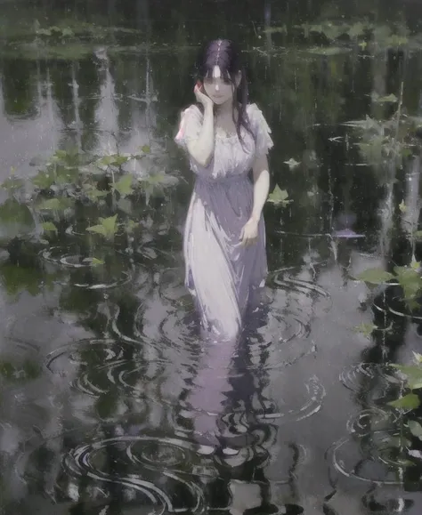 depth of field, 1girl, long dress, dark purple hair, no bangs,  <lora:Raincore:0.7> , raincore, rain, water, reflection, vibrant, ripples,, (art by Jean Marc Nattier:0.8), masterpiece, best quality, oil painting style, classical, clear light perception, (John Singer Sargent)