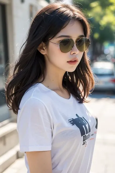 (aviators, tinted sunglasses, reflection),Aviators,edgMarquise hairstyle,Side face,solo,1woman,Upper body,t-shirt,White Wall,masterpiece,CG,super detail,photorealistic,depth of field,blurry,depth of field,8k,UHD,anatomically correct,textured skin,high details,best quality,award winning,dslr,soft lighting,high quality,film grain,Fujifilm XT3,sexy standing pose,<lora:last:0.8>,