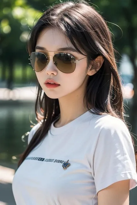(aviators, tinted sunglasses, reflection),Aviators,edgMarquise hairstyle,Side face,solo,1woman,Upper body,t-shirt,White Wall,masterpiece,CG,super detail,photorealistic,depth of field,blurry,depth of field,8k,UHD,anatomically correct,textured skin,high details,best quality,award winning,dslr,soft lighting,high quality,film grain,Fujifilm XT3,sexy standing pose, <lora:last:0.8>