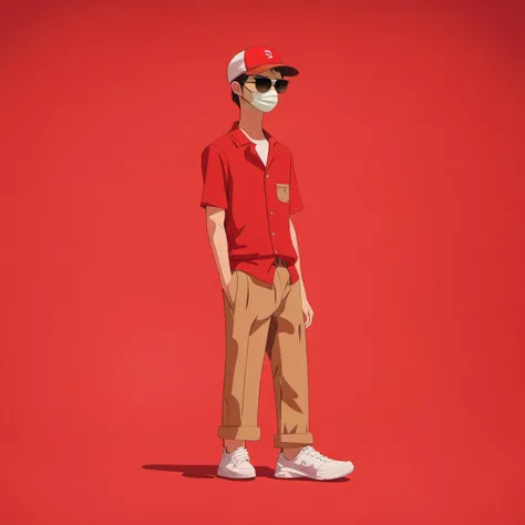 <lora:xuehua:1>,xh,1boy,solo,male focus,hat,simple background,shirt,baseball cap,white footwear,pants,shoes,mask,sunglasses,standing,full body,short sleeves,white shirt,red headwear,red background,brown pants,
