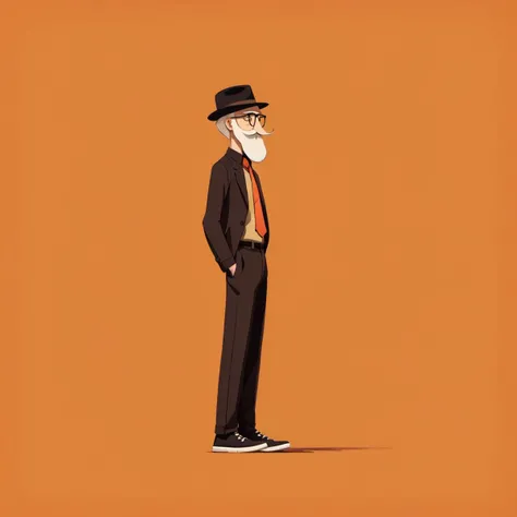 <lora:xuehua:1>,xh,1boy,male focus,solo,facial hair,old man,old,mustache,glasses,hat,necktie,black footwear,black necktie,beard,simple background,pants,black headwear,orange background,shoes,hands in pockets,from side,full body,white hair,standing,black pants,profile,black-framed eyewear,brown background,long sleeves,