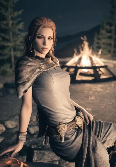 <lora:Nord-female:0.8>, nord-female, solo, sitting, campfire, night, (masterpiece, best quality, detailed:1.3), (ultra-high res, high details, absurdres:1.3)