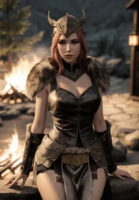 <lora:Nord-female:0.8>, nord-female, solo, sitting, campfire, night, viking, armor, helmet, fur trim,, (masterpiece, best quality, detailed:1.3), (ultra-high res, high details, absurdres:1.3)
