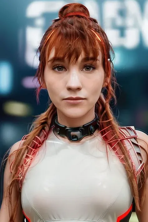 (detailed face, detailed eyes, clear skin, clear eyes), a (full-body) photograph of Sj0kz123, (red hair), (hair in a ponytail), (bangs), neon city, (futuristic cyberpunk high contrast background), photography, detailed skin, realistic, photo-realistic, 8k, highly detailed, sharp focus, hyperrealism, cinematic lighting,  <lyco:Test11Sj0kz:0.85>