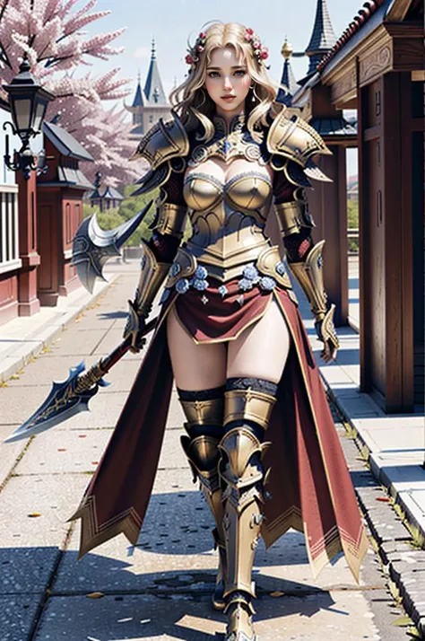 (goddess-like happiness,flirtatious ,seductive:1.4),(RAW photo:1.2),(photorealistic:1.6),(ultimate quality, masterpiece:1.3),(intricate details:1.2),(detailed face:1.2),dramatic,ray tracing,(lens 135mm,f1.8:1.2),(model style, photograph),fFaceDetail,fHandDetail,dutch angle,cowboy shot,castle,
<lora:JenniferConnelly80sV2Dogu:0.8:lbw=FACE>,(Asian-Less:1.6),jncnl,,
<lora:war_glamv1.1:0.655>,War_Glam,wearing War_Glam,
(flowery,flower knight girl, solo, walking towards viewer,holding weapon:1.6),floating hair,golden hair ornament,floating red cape,hook,viel,golden armor,fur trim,red armored dress,long velvet dress,medium breasts,narrow waist,magnificent,gorgeous,stockings,lace-trimmed legwear,gorgeous armor,breastplate,gauntlets,guardebras,leg armor,spurs,arms behind back,dramatic,motion blur,