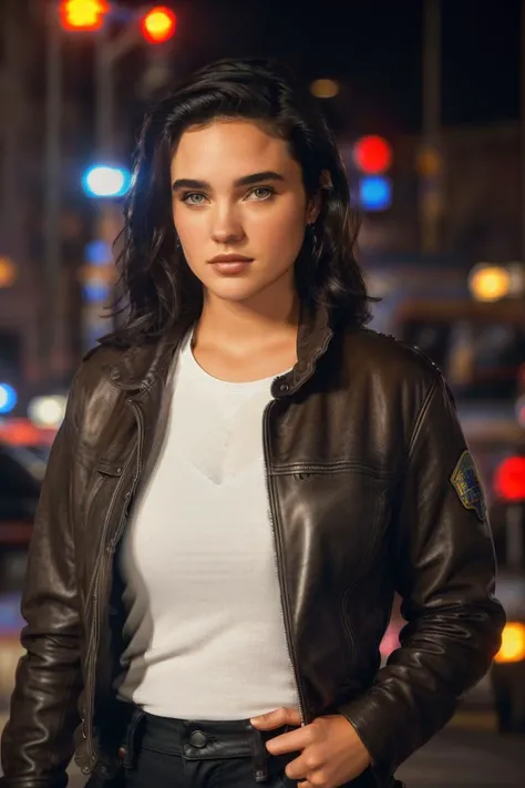 photo of j3nn1f3r, as a beautiful female model, georgia fowler, beautiful face, with short dark brown hair, in cyberpunk city at night. She is wearing a leather jacket, black jeans, dramatic lighting, (police badge:1.2)
<lora:80sJenniferConellyV1:0.9>