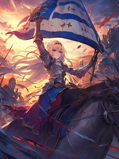 masterpiece,best quality,highres,cinematic lighting,dramatic angle,<lora:CygamesJeanneV6:0.75> ,blonde hair,hair ornaments,hair flower,hairband,blue eyes,costume5,battlesuit,armor,flag,pantyhose,long skirt,straight-on,dawn,sunrise,serious,portrait,looking forward,thick thighs,from below,flag,holding sword,hand up,riding on horse,riding<lora:UnlimitedBladeWorksv0.4:0.75> 