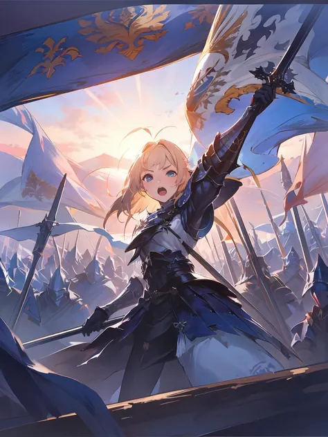 masterpiece,best quality,1girl,<lora:CygamesJeanneV4:0.75>,costume1,,sunrise,dawn,holding flag,open mouth,sword,blonde hair,blue eye,white theme,armor,portrait,crowd,flock,flag,waving flag