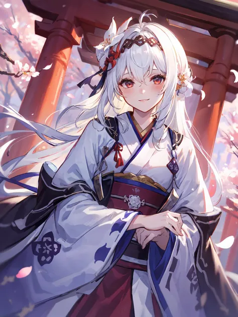 masterpiece,best quality,highres,cinematic lighting,dramatic angle,1girl,<lora:CygamesJeanneV6:0.7>,white hair,red eyes,hair ornament,furisode,costume7,cherry blossoms,looking at viewer,tilting head,blush,smile,long sleeves,ribbon,braid,flower,hairband,japanese clothes,kimono,sash,petals,obi,sunshine,torii,depth of field,bricks,jinja