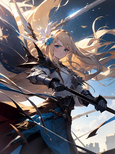 masterpiece,best quality,highres,1girl,<lora:CygamesJeanneV4:0.75>,cinematic lighting,dramatic angle,depth of field,blonde hair,blue eyes,hair ornaments,portrait,costume6,sei shoujo,dual wielding,polearm,sword,hair flower,black pantyhose,silver armor,glod-trimmed weapon,long skirt,dynatic angle,serious,flocks of great spirits