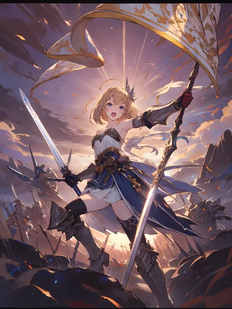 masterpiece,best quality,highres,1girl,<lora:CygamesJeanneV4:0.75>,cinematic lighting,dramatic angle,depth of field,blonde hair,blue eyes,hair ornaments,costume1,collarbone,bare shoulders,detached sleeves,long skirt,thighhighs,thick thighs,gauntlets,boots,flag,holding,sunrise,dawn,flocks,daylight,open mouth,victory,symbol of hope,sword,serious,portrait