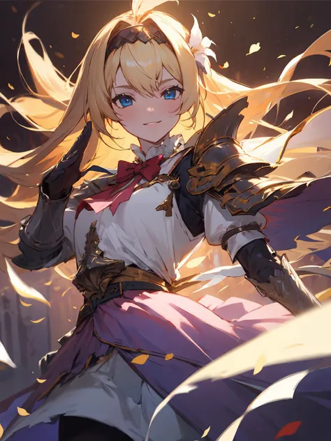 masterpiece,best quality,highres,1girl,<lora:CygamesJeanneV4:0.75>,cinematic lighting,dramatic angle,depth of field,blonde hair,blue eyes,hair ornaments,portrait,costume2,village girl,flower,long pink skirt,frills,white topwear,boots,black pantyhose,yellow bowtie,hairband,armor,gauntlets,sword,holding,floating petals,smile,glowing,dynatic angle,gold-trimmed