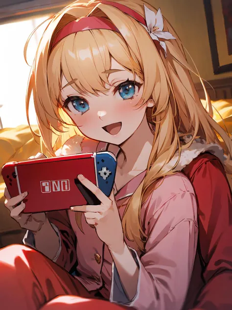 masterpiece,best quality,highres,1girl,<lora:CygamesJeanneV4:0.75>,cinematic lighting,dramatic angle,depth of field,blonde hair,blue eyes,hair ornaments,portrait,costume8,casual clothes,hairband,kotatsu,fruits in dishes,(playing nintendo switch:1.2),snacks,pink pajamas,red jacket,red pants,long hair,happy,:d,laughing