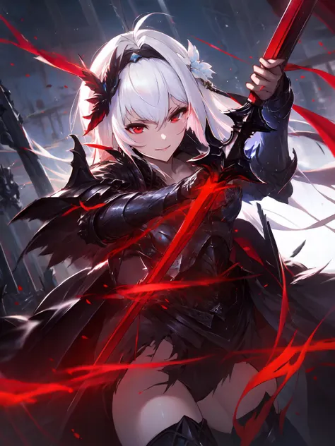 masterpiece,best quality,highres,cold cinematic lighting,dramatic angle,<lora:CygamesJeanneV6:0.75> ,costume9,alternative2,hairband,hair ornament,hair ornaments,hair flower,white hair,red eyes,tilting head,armor,seductive smile,thighhighs,thick thighs,in ruins,depth of field,looking at viewer ,<lora:add_detail:0.25>,gauntlets,boots,torn clothes,portrait,holding sword,red sword,glowing,flaming,dynatic angle,<lora:UnlimitedBladeWorksv0.4:0.6>