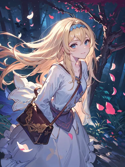 masterpiece,best quality,highres,cinematic lighting,dramatic angle,1girl,<lora:CygamesJeanneV6:0.75>, blue eyes,blonde hair,hairband,portrait,taking a walk,forest,woods,butterflies,petals,leaves,branches,looking at viewer,smile,bent over,long skirt,handbag,veil,arms behind back