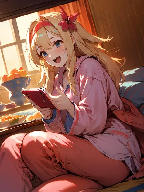 masterpiece,best quality,highres,1girl,<lora:CygamesJeanneV4:0.75>,cinematic lighting,dramatic angle,depth of field,blonde hair,blue eyes,hair ornaments,portrait,costume8,casual clothes,hairband,kotatsu,fruits in dishes,(playing nintendo switch:1.2),snacks,pink pajamas,red jacket,red pants,long hair,happy,:d,laughing