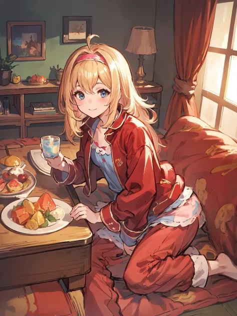 masterpiece,best quality,highres,cinematic lighting,dramatic angle,1girl,<lora:CygamesJeanneV6:0.7>,blonde hair,blue eyes,hair ornament,costume8,casual clothes,hairband,pink pajamas,red jacket,red pants,looking at viewer,smile,sitting,kotatsu,fruits in dishes,(nintendo switch),tilting head,blush,