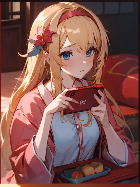 masterpiece,best quality,highres,1girl,<lora:CygamesJeanneV4:0.75>,cinematic lighting,dramatic angle,depth of field,blonde hair,blue eyes,hair ornaments,portrait,costume8,casual clothes,hairband,kotatsu,upper body,fruits in dishes,playing nintendo switch,snacks,pink pajamas,red jacket,red pants,stuffed toy,long hair