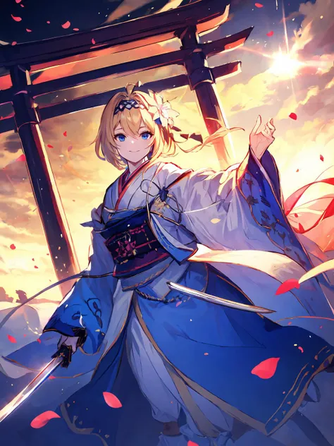 masterpiece,best quality,highres,cinematic lighting,dramatic angle,<lora:CygamesJeanneV6:0.75> ,blonde hair,hair ornaments,hair flower,hairband,blue eyes,costume7,furisode,long sleeves,ribbon,braid,flower,hairband,japanese clothes,kimono,sash,petals,obi,Unsheathing Sword,katana,holding,jinja,torii,looking at viewer,smile,<lora:UnlimitedBladeWorksv0.4:0.8> ,lens flare,dynatic angle