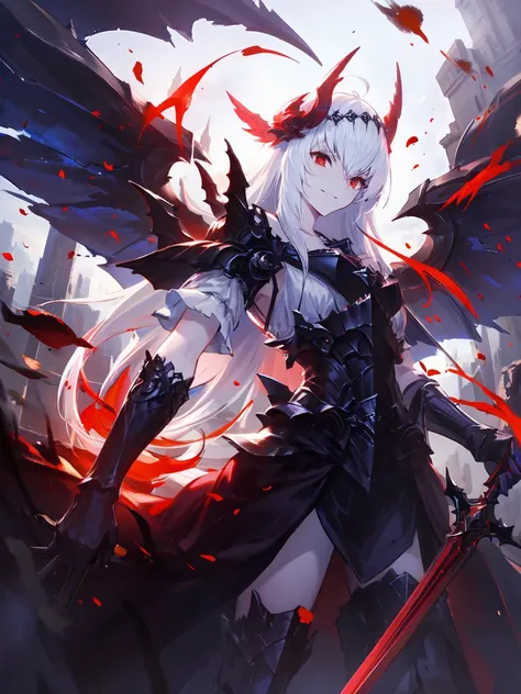 masterpiece,best quality,highres,cinematic lighting,dramatic angle,<lora:CygamesJeanneV6:0.75>,costume9,white hair,red eyes,wings,tilting head,holding,sword,glowing,cruel smile,blood,flaming,burning city,fire,depth of field