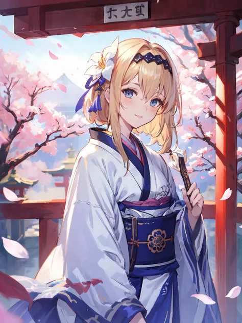 masterpiece,best quality,highres,cinematic lighting,dramatic angle,1girl,<lora:CygamesJeanneV6:0.7>,blonde hair,blue eyes,hair ornament,furisode,costume8,cherry blossoms,looking at viewer,tilting head,blush,smile,long sleeves,ribbon,braid,flower,hairband,japanese clothes,kimono,sash,petals,obi,sunshine,torii,depth of field,bricks,jinja