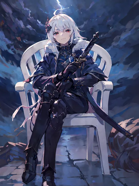 masterpiece,best quality,highres,1girl,<lora:CygamesJeanneV4:0.8> ,depth of field,dramatic angle,white hair,red eyes,hair ornaments,costume9,<lora:Chair-000034:0.75>,evil smile,looking at viewer,portrait,storm approaching,black clouds in issolation,thunder clouds,born in flames,blessed,bury the light,glowing,(motivatedchair:1.1),deep blue jacket,black shirt,deep blue jeans,belt,leather shoes,fur-trimmed,high collar,glowing,sitting,extremely detailed background,sheath,katana,holding,dimension cracks