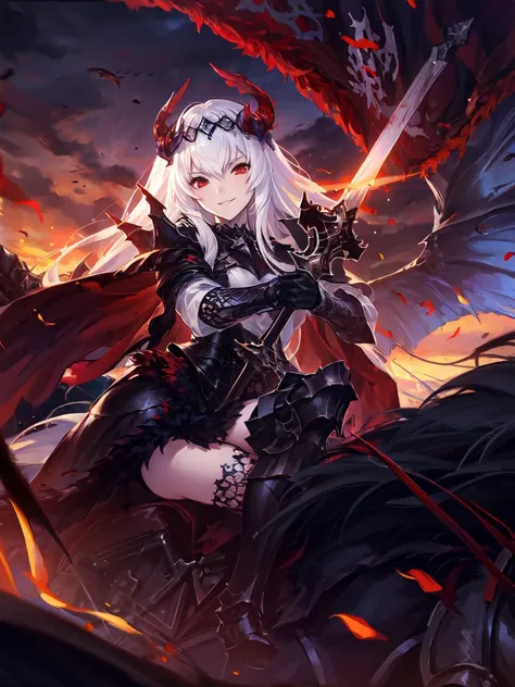 masterpiece,best quality,1girl,<lora:CygamesJeanneV4:0.75>,costume9,sunset,dark clouds,assisted exposure,holding flag,sword,white hair,red eyes,black theme,armor,portrait,crowd,flock,blood,(depth of field:1.2),hair ornaments,<lora:add_detail:0.25> ,evil smile,glowing,wings,thighhighs,legs,close-up,riding,riding on horse,armored horse