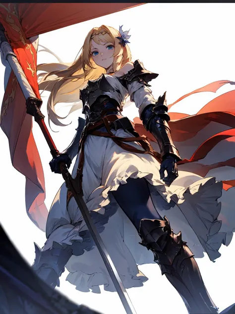 masterpiece,best quality,highres,<lora:CygamesJeanneV4:0.7>,depth of field,cinematic lighting,dynatic angle,dramatic angle,despair,blonde hair,blue eyes,hair ornaments,costume1,flag,from below,armor,bare shoulders,dress,pantyhose,boots,gauntlets,sword,looking at viewer,shaded face,she is using the sword pointing at viewer