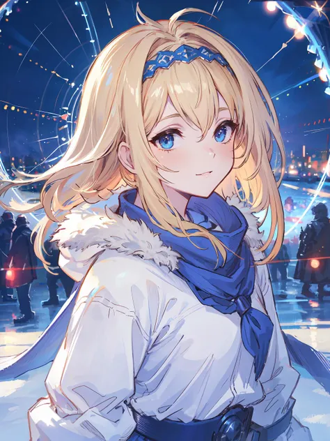 masterpiece,best quality,highres,cinematic lighting,dramatic angle,1girl,<lora:CygamesJeanneV6:0.75>, blue eyes,blonde hair,hairband,portrait,blue shawl,fur-trimmed,coat,white shirt,blue skirt,tilted head,crowd,happy,shiny,Ferris wheel,skiing,skating,upper body