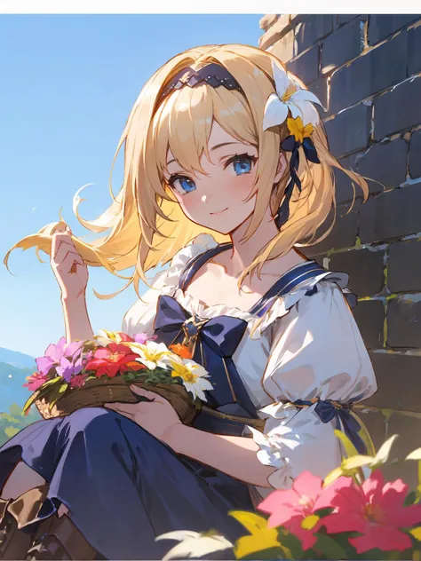 masterpiece,best quality,highres,1girl,<lora:CygamesJeanneV4:0.75>,cinematic lighting,dramatic angle,depth of field,blonde hair,blue eyes,hair ornaments,portrait,costume2,village girl,holding basket of flowers,white and pink color-blocked dress,frills,boots,black pantyhose,yellow bowtie,hairband,collarbone,west virginia,mountain mama,take me home,country road,bricks,village,blue sky,crowd,happy,smile,looking at viewer