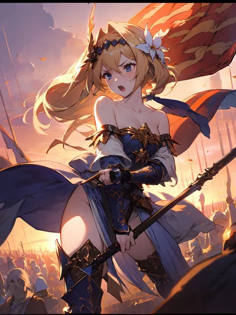 masterpiece,best quality,highres,1girl,<lora:CygamesJeanneV4:0.75>,cinematic lighting,dramatic angle,depth of field,blonde hair,blue eyes,hair ornaments,costume1,collarbone,bare shoulders,detached sleeves,long skirt,chestplate,thighhighs,thick thighs,gauntlets,boots,flag,holding,sunrise,dawn,flocks,daylight,open mouth,victory,symbol of hope,sword,serious,portrait