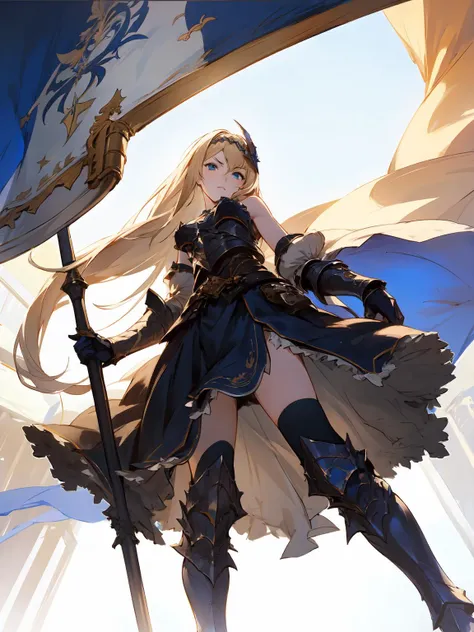 masterpiece,best quality,highres,<lora:CygamesJeanneV4:0.7>,depth of field,cinematic lighting,dynatic angle,dramatic angle,serious,blonde hair,blue eyes,hair ornaments,costume1,flag,from below,armor,bare shoulders,dress,thighhighs,thick thighs,boots,gauntlets,sword,looking at viewer,shaded face,holding,long dress,detached sleeves,gauntlets