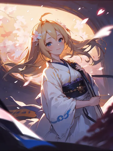 masterpiece,best quality,highres,1girl,<lora:CygamesJeanneV4:0.8>,depth of field,cinematic lighting,dramatic angle,blonde hair,blue eyes,hair ornaments,costume7,furisode,cherry blossoms,looking at viewer,smile