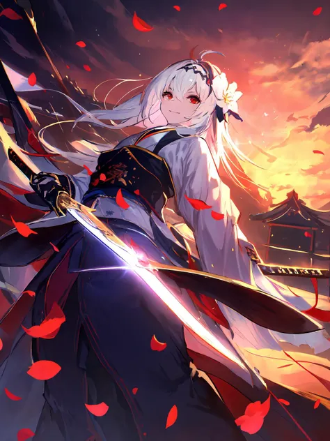 masterpiece,best quality,highres,cinematic lighting,dramatic angle,<lora:CygamesJeanneV6:0.75> ,white hair,hair ornaments,hair flower,hairband,red eyes,costume7,furisode,long sleeves,ribbon,braid,flower,hairband,japanese clothes,kimono,sash,petals,obi,Unsheathing Sword,katana,holding,jinja,torii,looking at viewer,evil smile,<lora:UnlimitedBladeWorksv0.4:0.8> ,lens flare,dynatic angle,from below,glowing,shaded face,sunset,burning sky