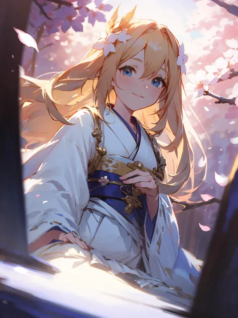 masterpiece,best quality,highres,1girl,<lora:CygamesJeanneV4:0.8>,depth of field,cinematic lighting,dramatic angle,blonde hair,blue eyes,hair ornaments,costume7,furisode,cherry blossoms,looking at viewer,smile