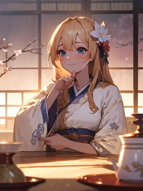 masterpiece,best quality,highres,1girl,<lora:CygamesJeanneV4:0.75>,cinematic lighting,dramatic angle,depth of field,blonde hair,blue eyes,hair ornaments,portrait,costume7,furisode, patterns,,cherry blossoms,tea,tatami,indoors,short table,sitting,smile,long hair