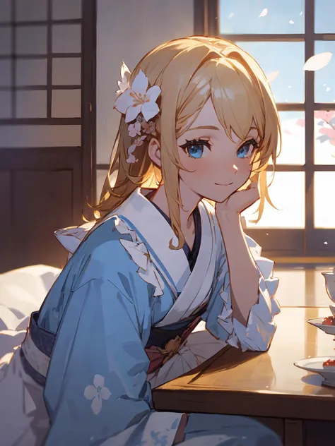 masterpiece,best quality,highres,1girl,<lora:CygamesJeanneV4:0.75>,cinematic lighting,dramatic angle,depth of field,blonde hair,blue eyes,hair ornaments,portrait,costume7,furisode, patterns,frills,cherry blossoms,tea,tatami,indoors,short table,sitting,smile,blue theme